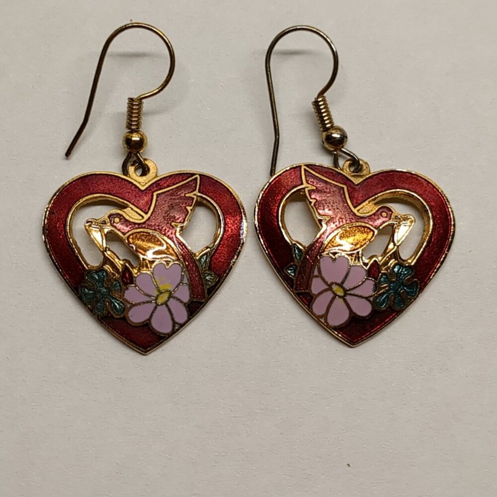 Cloissone Heart and Bird Earrings - Picture 6 of 6
